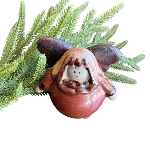Round Brown Roly Poly Angel Pottery Figurine 3" x 4" Curvy Christmas Heavenly - Picture 3 of 9